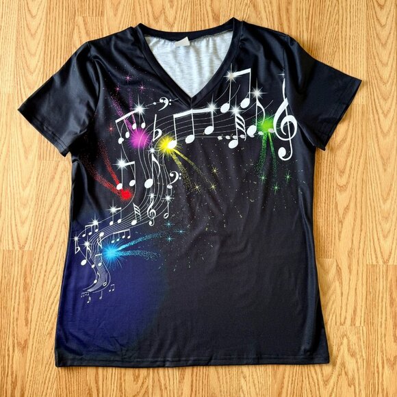 Womens Music Notes Graphic Tee Size XL Black Rainbow Print V Neck Shirt Top - Picture 2 of 7